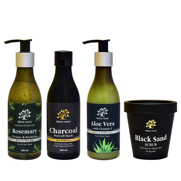 Combo Pack (Aloe Vera Gel + Rosemary Face Wash + Charcoal Peel Off + Black Sand)